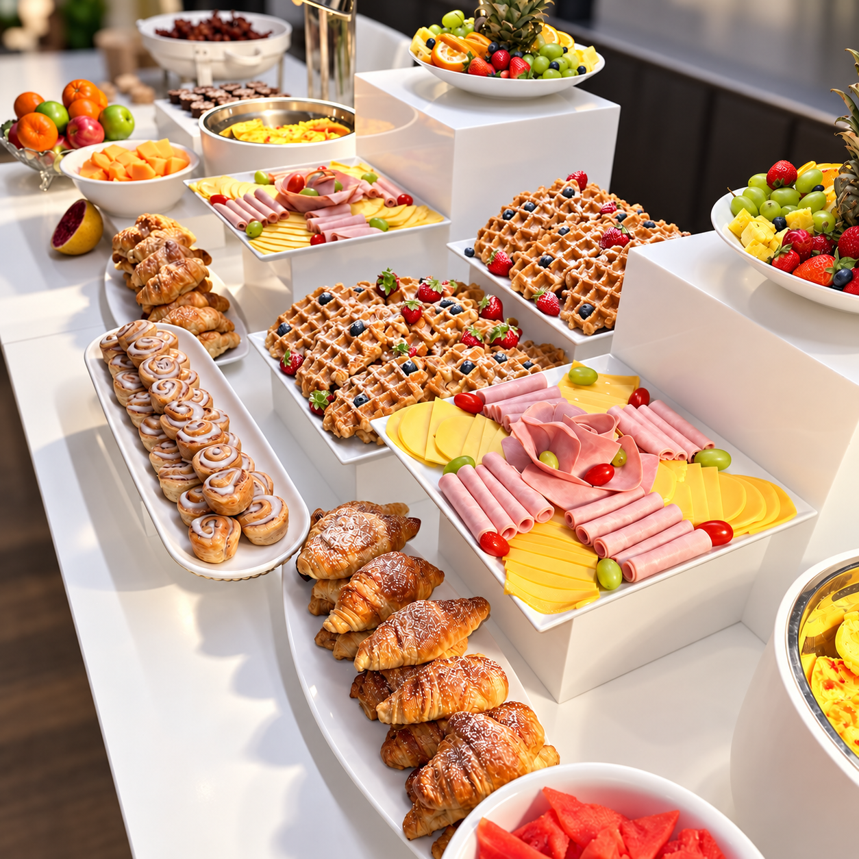 Breakfast buffet with waffles, croissants, fruit, meats and cheeses