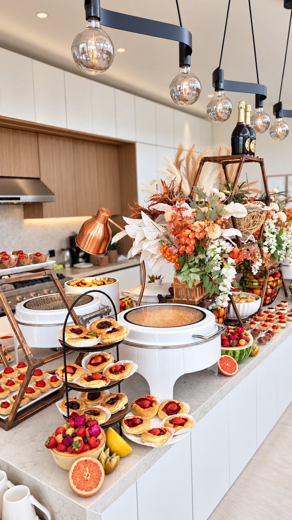 Celebration buffet with floral styling, pastries, fruit and warm dishes