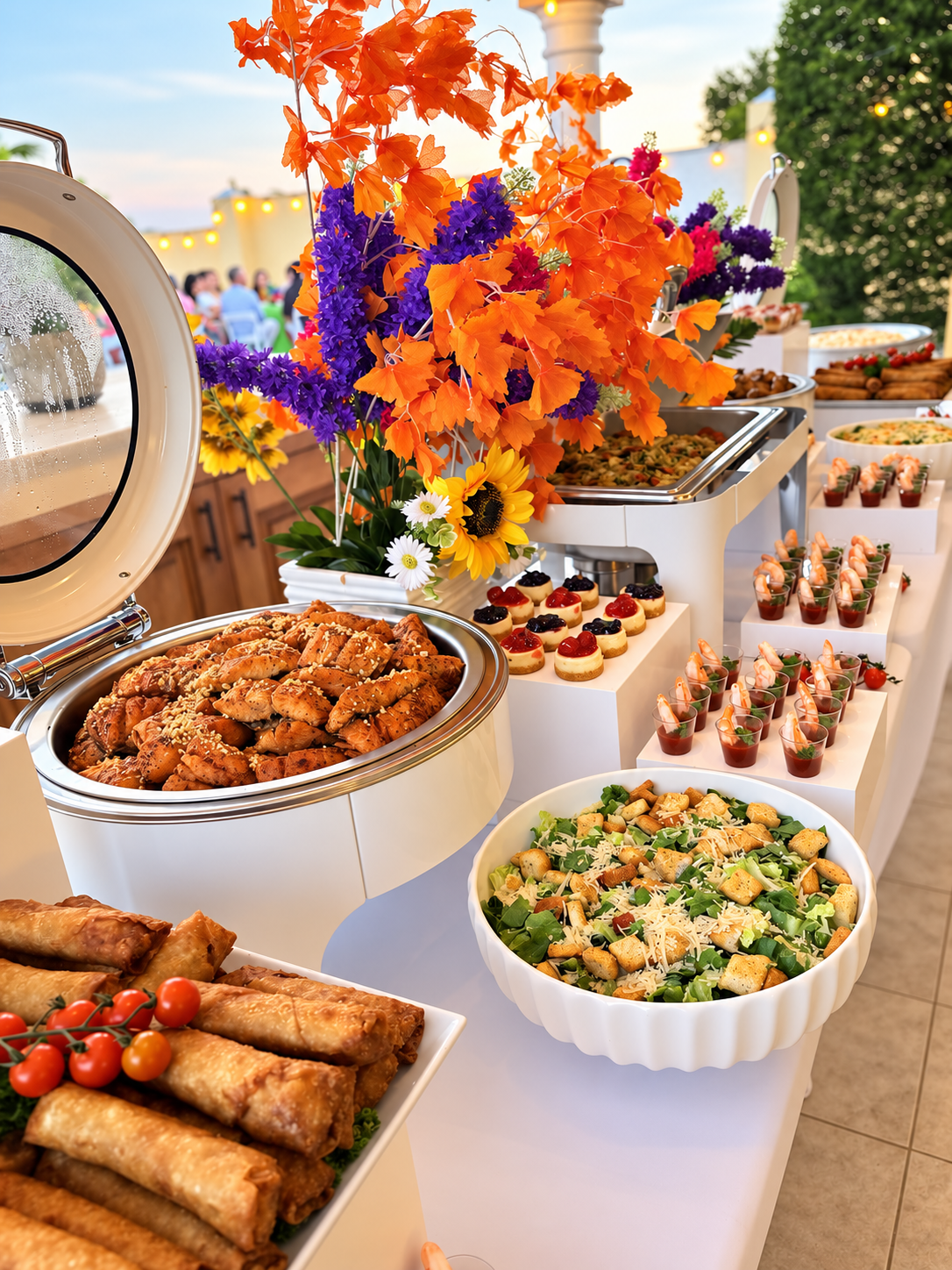 Outdoor catered buffet with salads, spring rolls and colorful flowers