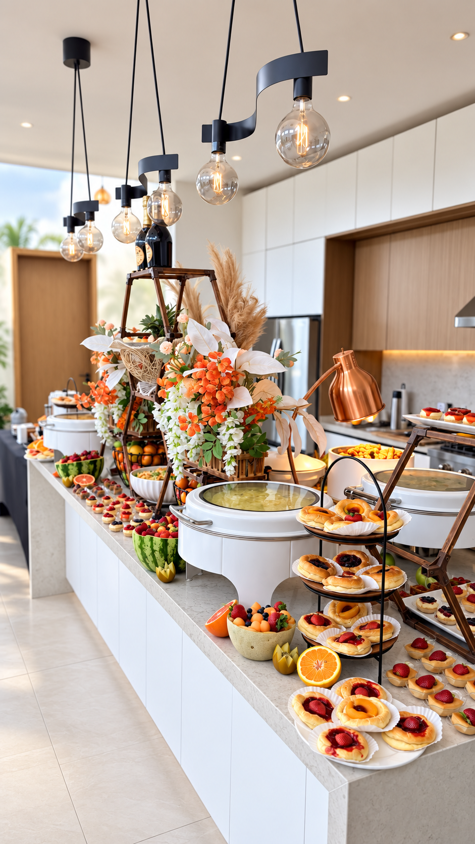 Luxury brunch buffet arranged across a modern kitchen island