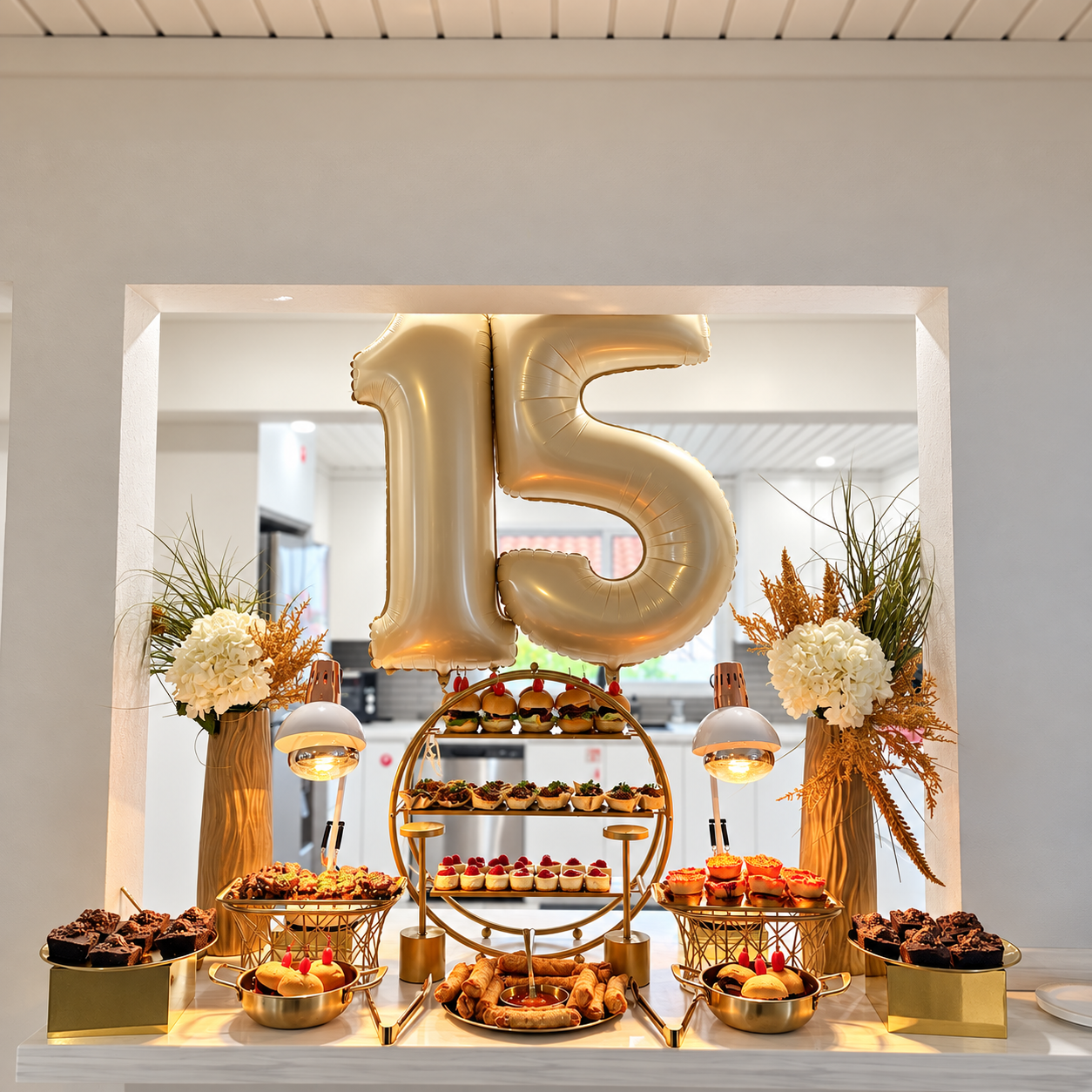 Gold milestone celebration grazing table with sliders and desserts