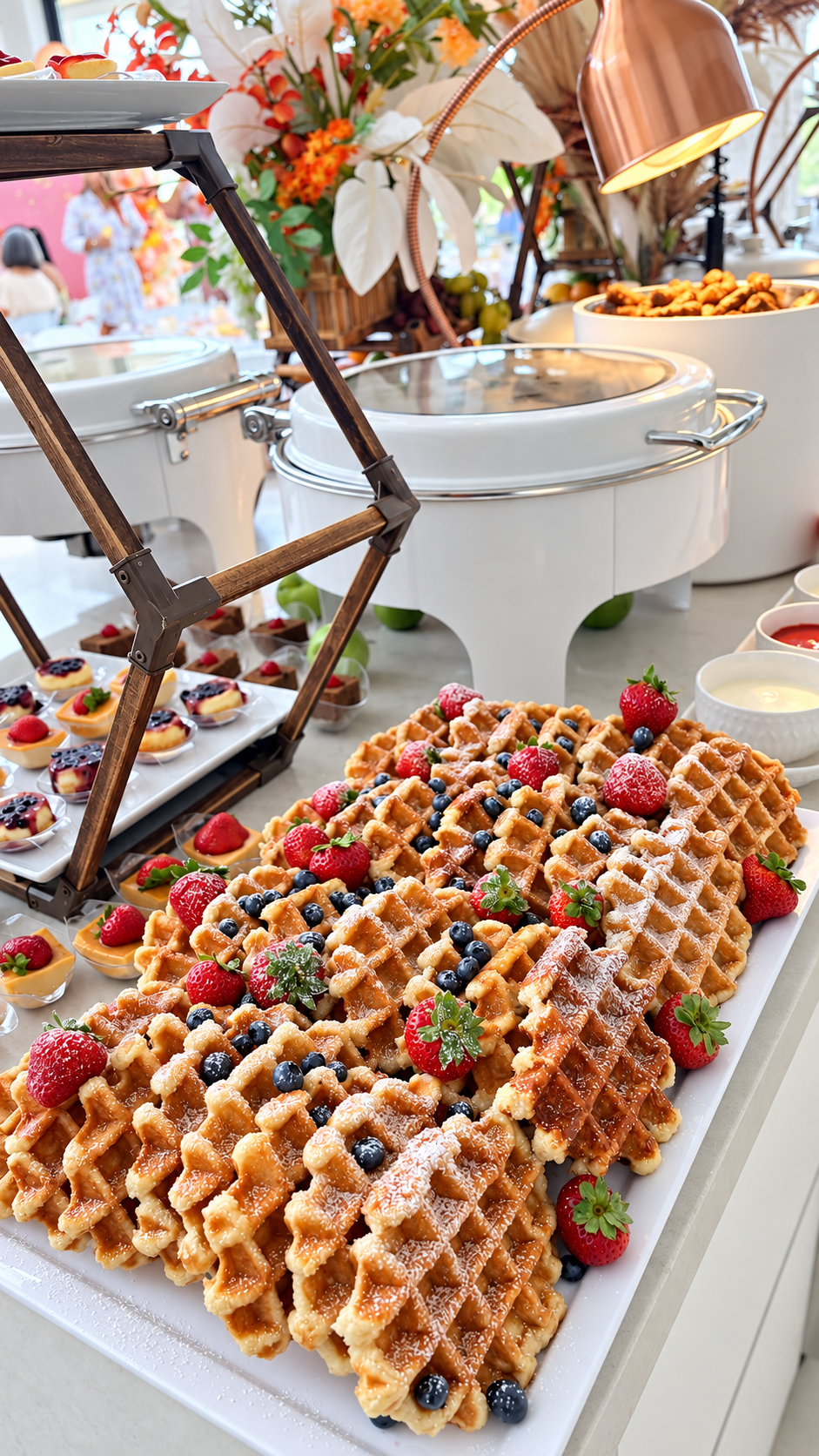 Fresh waffles with strawberries and blueberries on a catered display